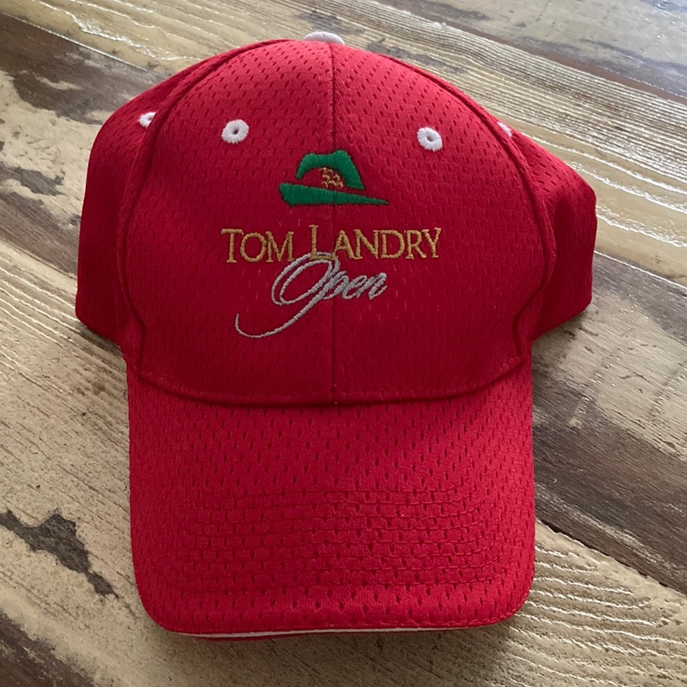 LIKE NEW! TOM LANDRY OPEN HAT! RED DRI FIT WITH TOM LANDRY LOGO! COWBOYS LEGEND!